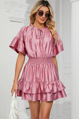 Solid color waist cinching loose V-neck lotus leaf dress for women - V.I.P Digital Presence