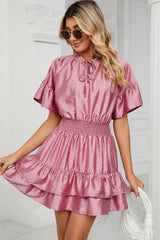 Solid color waist cinching loose V-neck lotus leaf dress for women - V.I.P Digital Presence