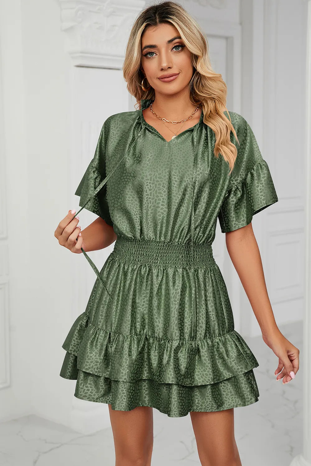 Solid color waist cinching loose V-neck lotus leaf dress for women - V.I.P Digital Presence