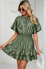 Solid color waist cinching loose V-neck lotus leaf dress for women - V.I.P Digital Presence