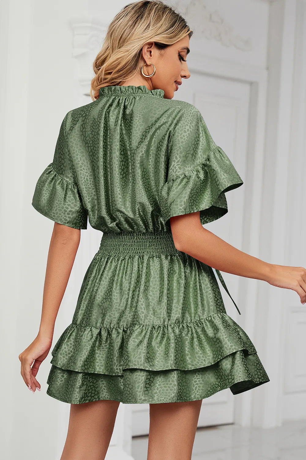 Solid color waist cinching loose V-neck lotus leaf dress for women - V.I.P Digital Presence