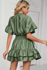 Solid color waist cinching loose V-neck lotus leaf dress for women - V.I.P Digital Presence
