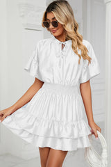 Solid color waist cinching loose V-neck lotus leaf dress for women - V.I.P Digital Presence