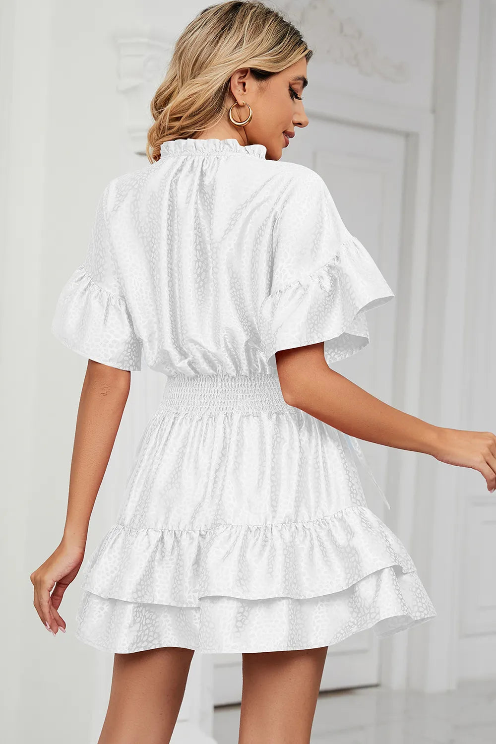 Solid color waist cinching loose V-neck lotus leaf dress for women - V.I.P Digital Presence