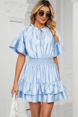 Solid color waist cinching loose V-neck lotus leaf dress for women - V.I.P Digital Presence