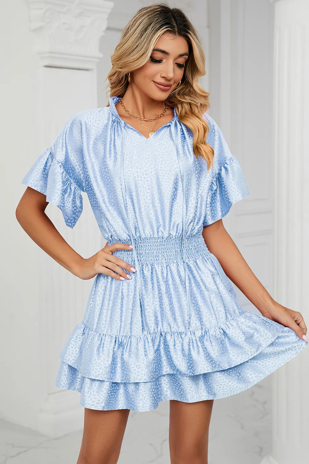 Solid color waist cinching loose V-neck lotus leaf dress for women - V.I.P Digital Presence