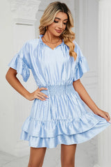 Solid color waist cinching loose V-neck lotus leaf dress for women - V.I.P Digital Presence