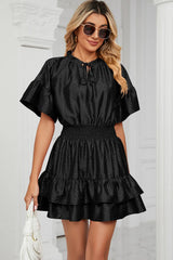 Solid color waist cinching loose V-neck lotus leaf dress for women - V.I.P Digital Presence