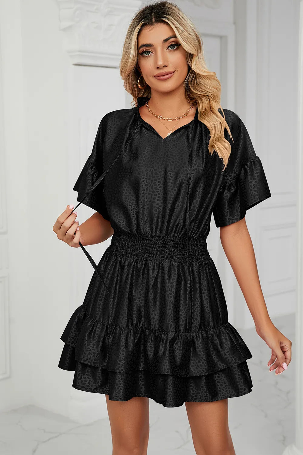 Solid color waist cinching loose V-neck lotus leaf dress for women - V.I.P Digital Presence