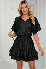 Solid color waist cinching loose V-neck lotus leaf dress for women - V.I.P Digital Presence