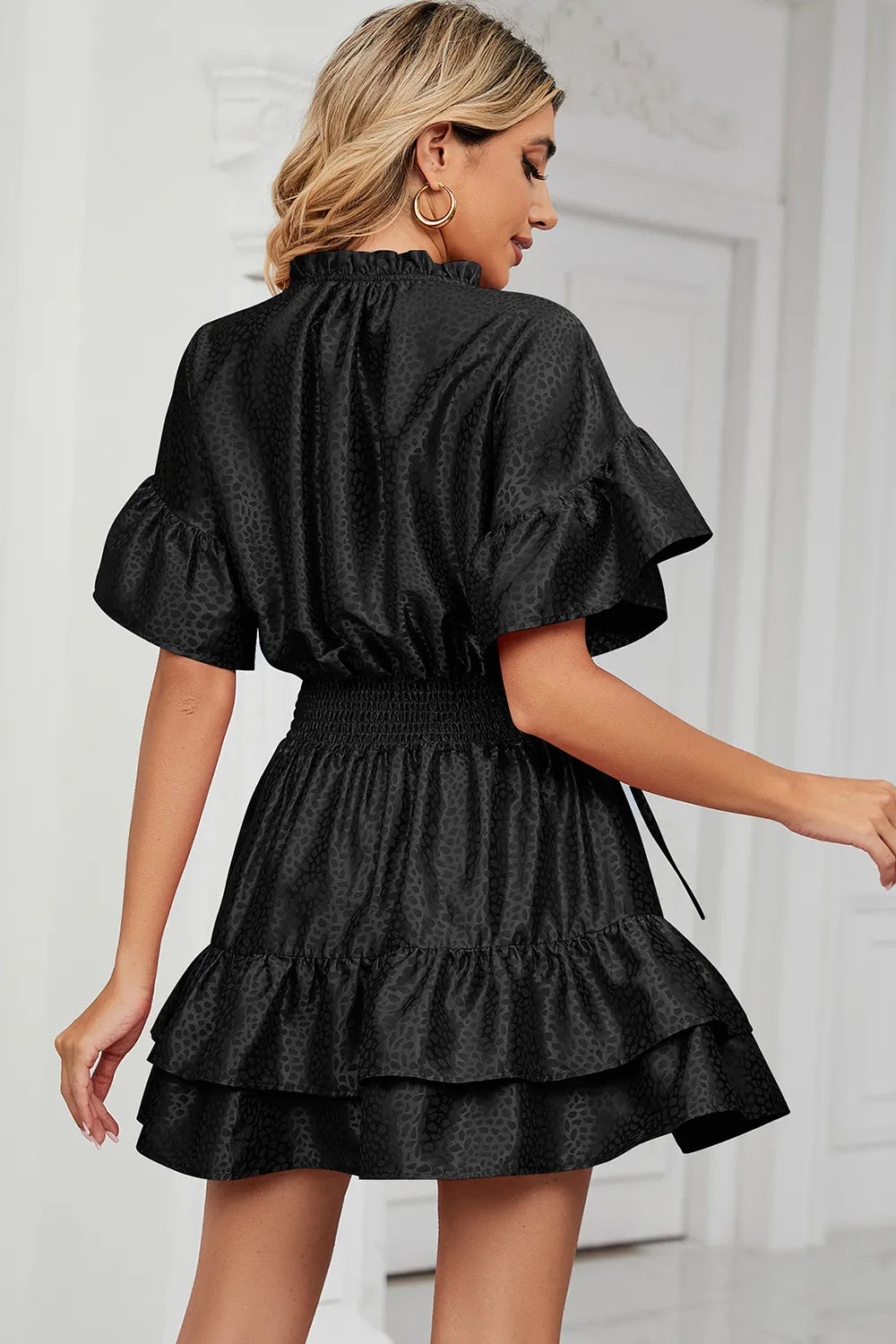 Solid color waist cinching loose V-neck lotus leaf dress for women - V.I.P Digital Presence