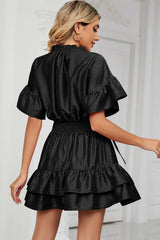 Solid color waist cinching loose V-neck lotus leaf dress for women - V.I.P Digital Presence