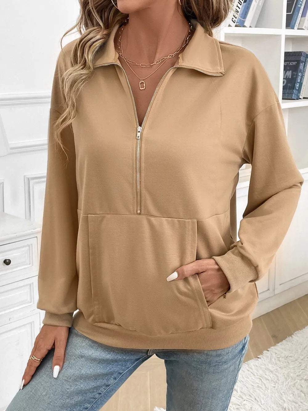 Solid color zipper pocket long sleeved lapel sweatshirt - V.I.P Digital Presence