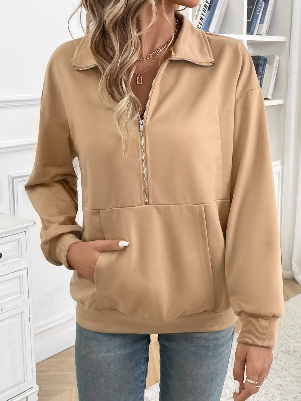 Solid color zipper pocket long sleeved lapel sweatshirt - V.I.P Digital Presence
