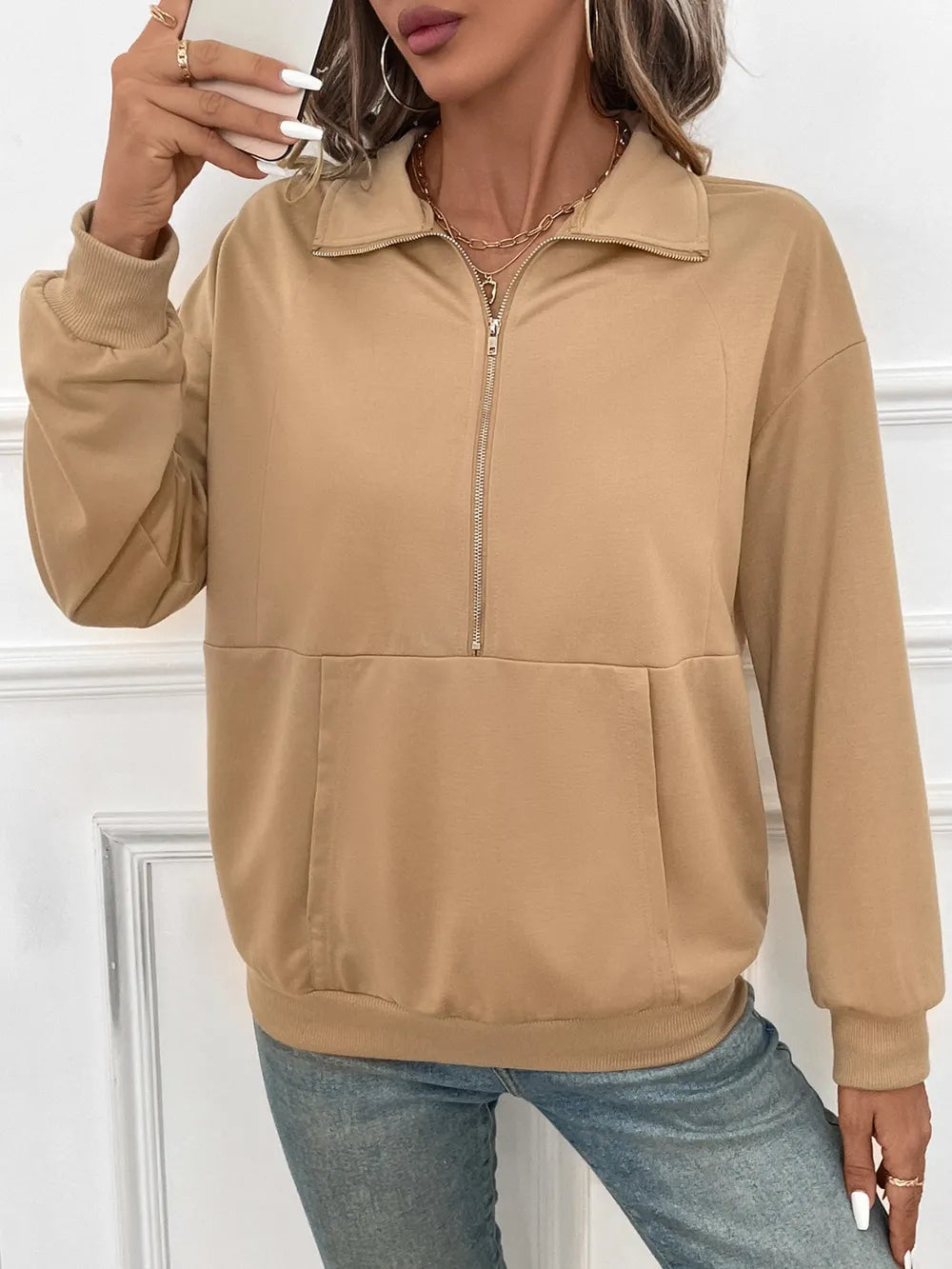 Solid color zipper pocket long sleeved lapel sweatshirt - V.I.P Digital Presence