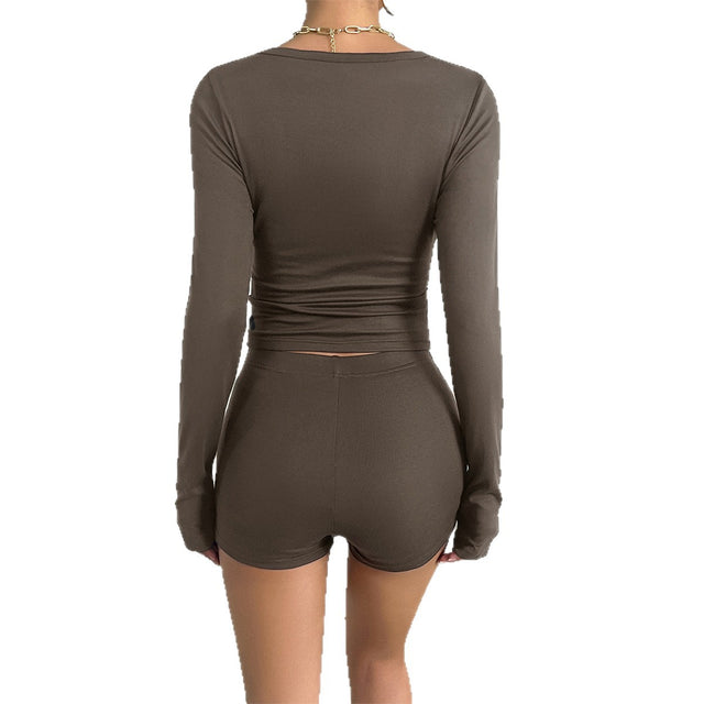 Sports style long sleeved T-shirt shorts set for women - V.I.P Digital Presence