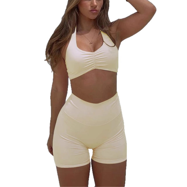 Sports style neck hanging T-shirt high stretch shorts set - V.I.P Digital Presence