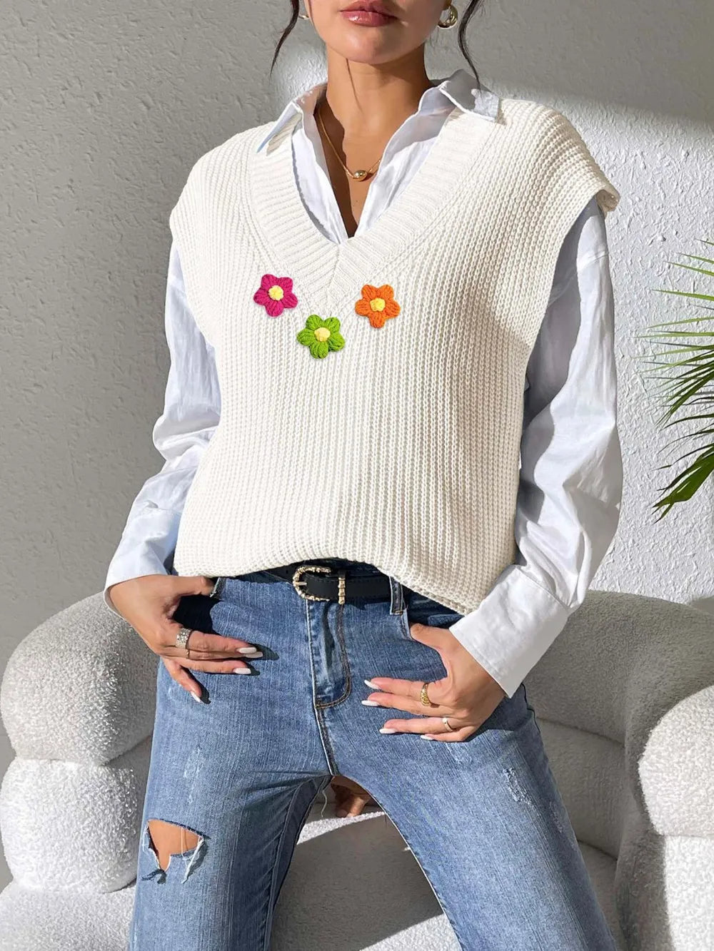 Spring and Autumn V-neck Simple Vest Hand Hook Flower Splicing Machine Woven Sweater Clip - V.I.P Digital Presence