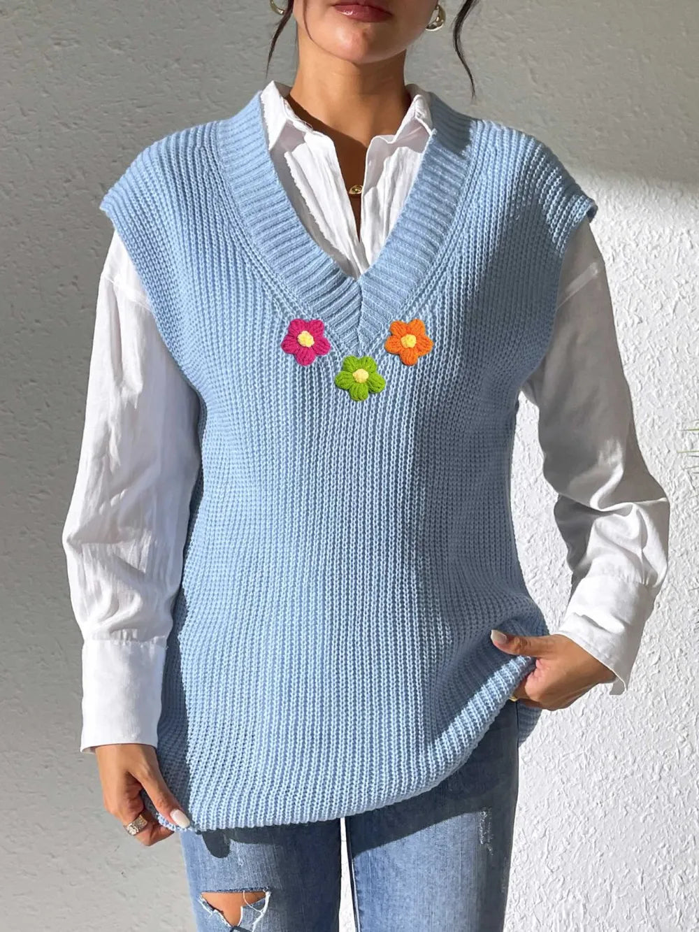 Spring and Autumn V-neck Simple Vest Hand Hook Flower Splicing Machine Woven Sweater Clip - V.I.P Digital Presence