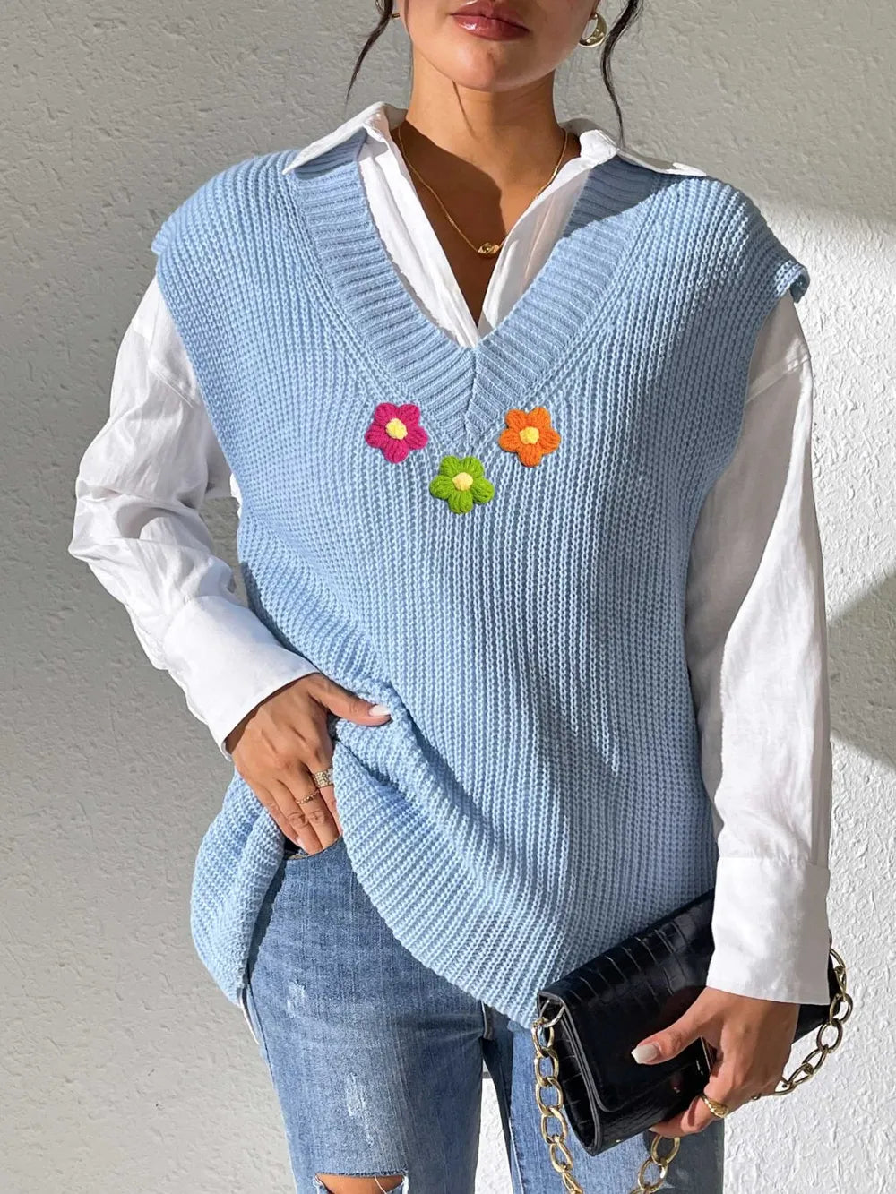 Spring and Autumn V-neck Simple Vest Hand Hook Flower Splicing Machine Woven Sweater Clip - V.I.P Digital Presence
