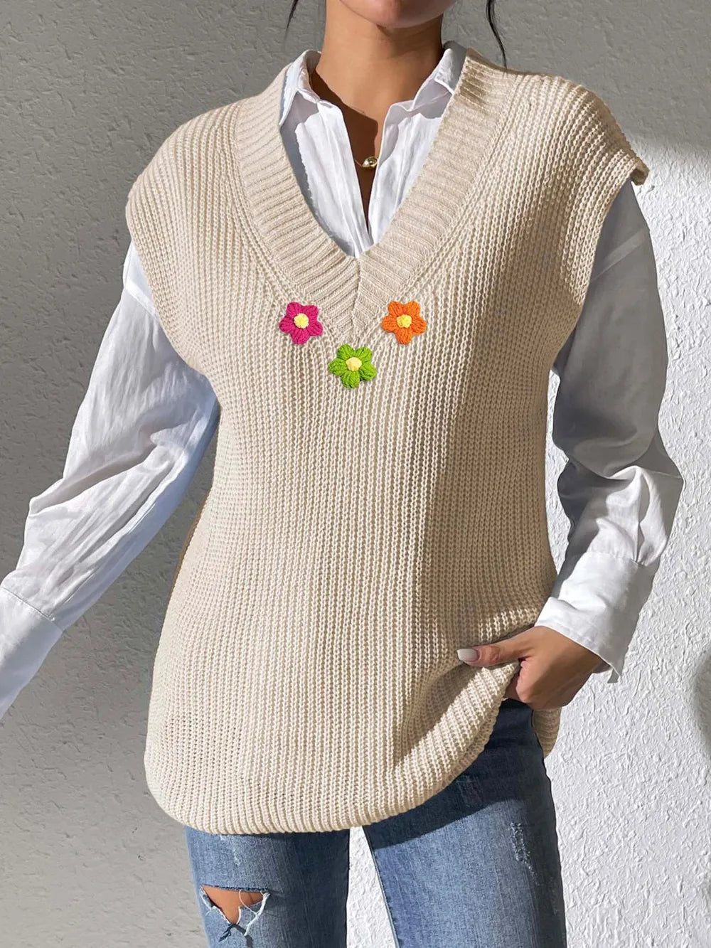 Spring and Autumn V-neck Simple Vest Hand Hook Flower Splicing Machine Woven Sweater Clip - V.I.P Digital Presence