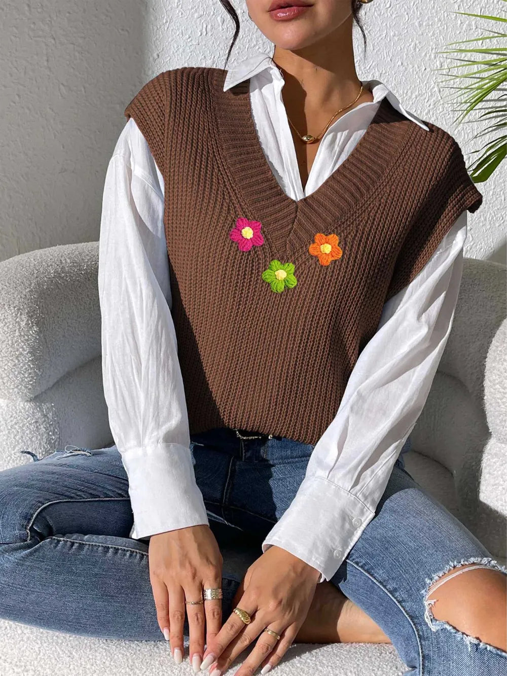 Spring and Autumn V-neck Simple Vest Hand Hook Flower Splicing Machine Woven Sweater Clip - V.I.P Digital Presence