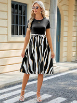 Spring and summer new round neck patchwork printed short sleeved dress with large swing - V.I.P Digital Presence