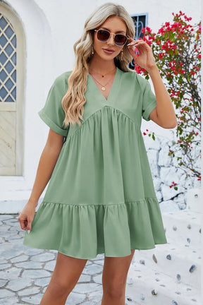 Spring and summer new solid color V-neck loose pleated dress for women - V.I.P Digital Presence