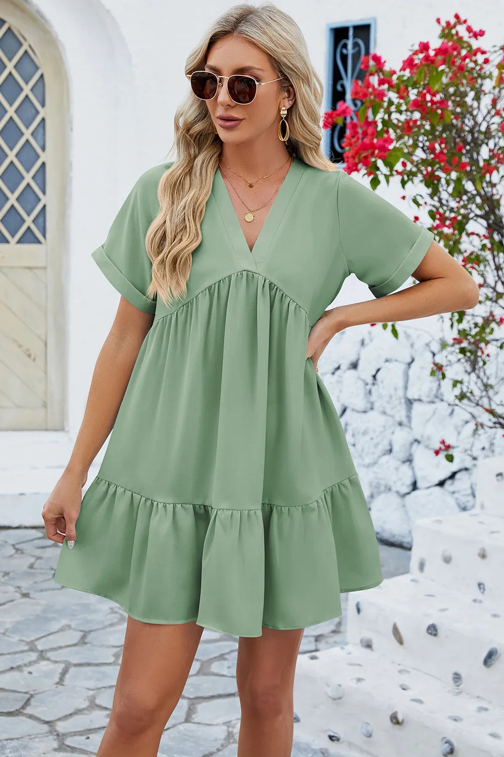 Spring and summer new solid color V-neck loose pleated dress for women - V.I.P Digital Presence