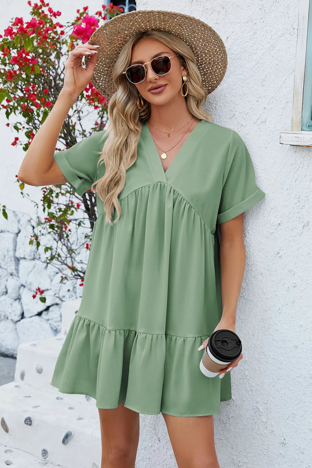 Spring and summer new solid color V-neck loose pleated dress for women - V.I.P Digital Presence