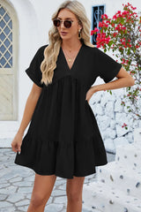 Spring and summer new solid color V-neck loose pleated dress for women - V.I.P Digital Presence