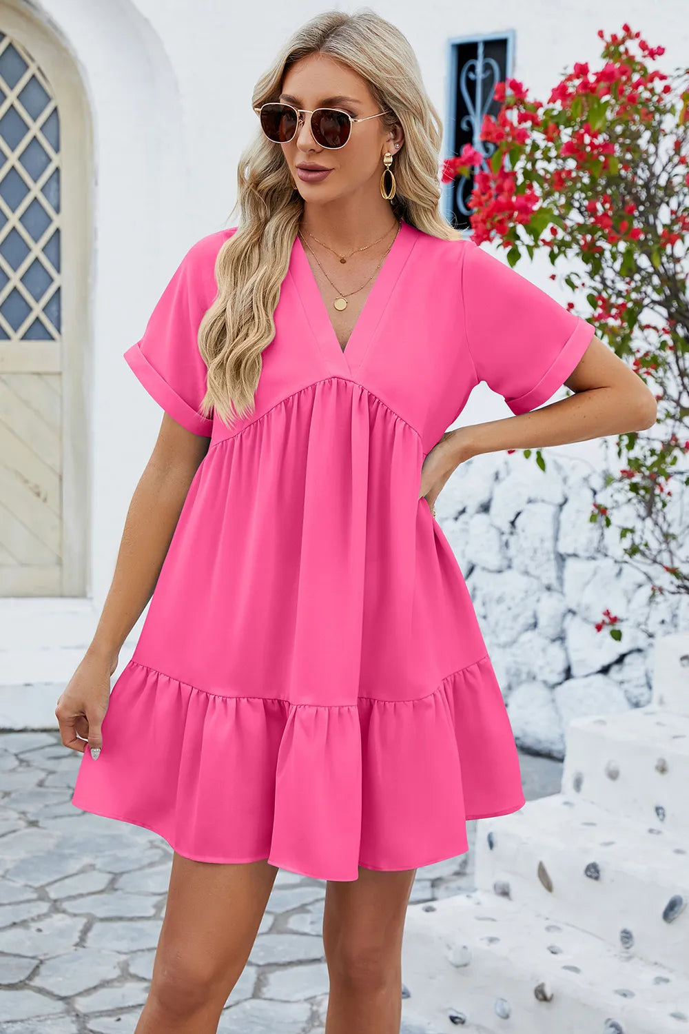 Spring and summer new solid color V-neck loose pleated dress for women - V.I.P Digital Presence