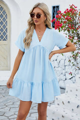 Spring and summer new solid color V-neck loose pleated dress for women - V.I.P Digital Presence