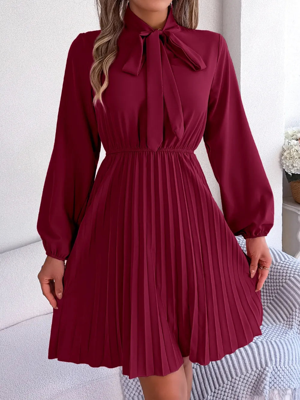 Spring and summer temperament tied waist long sleeved pleated skirt - V.I.P Digital Presence