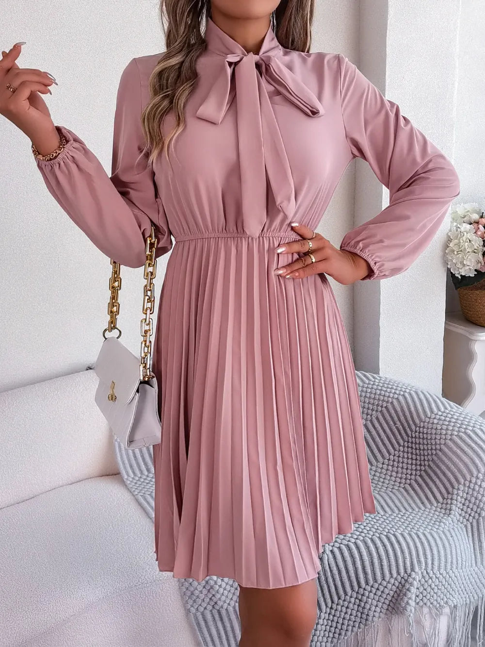 Spring and summer temperament tied waist long sleeved pleated skirt - V.I.P Digital Presence