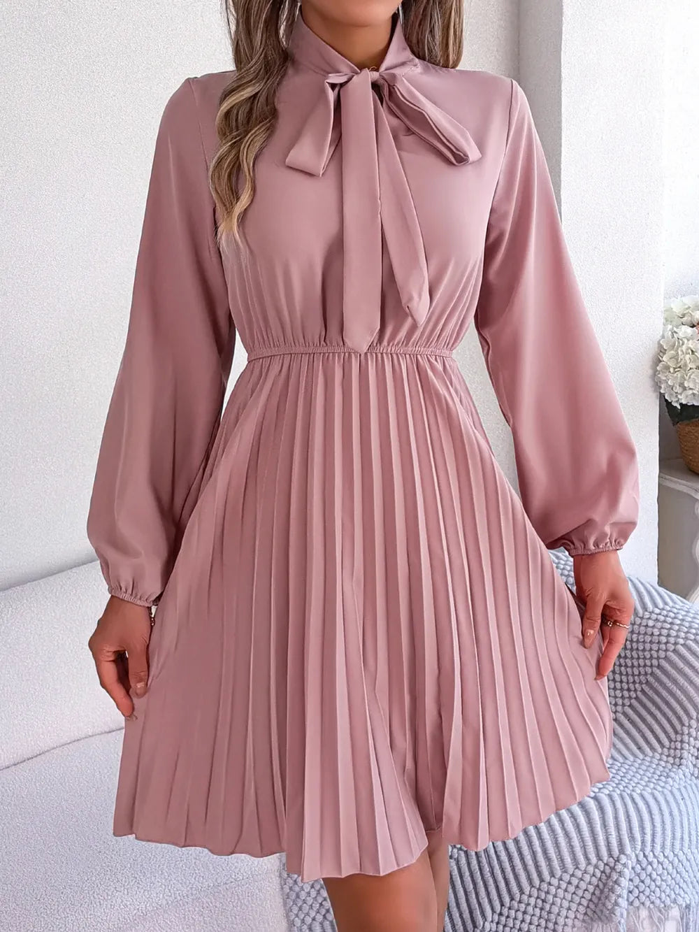Spring and summer temperament tied waist long sleeved pleated skirt - V.I.P Digital Presence