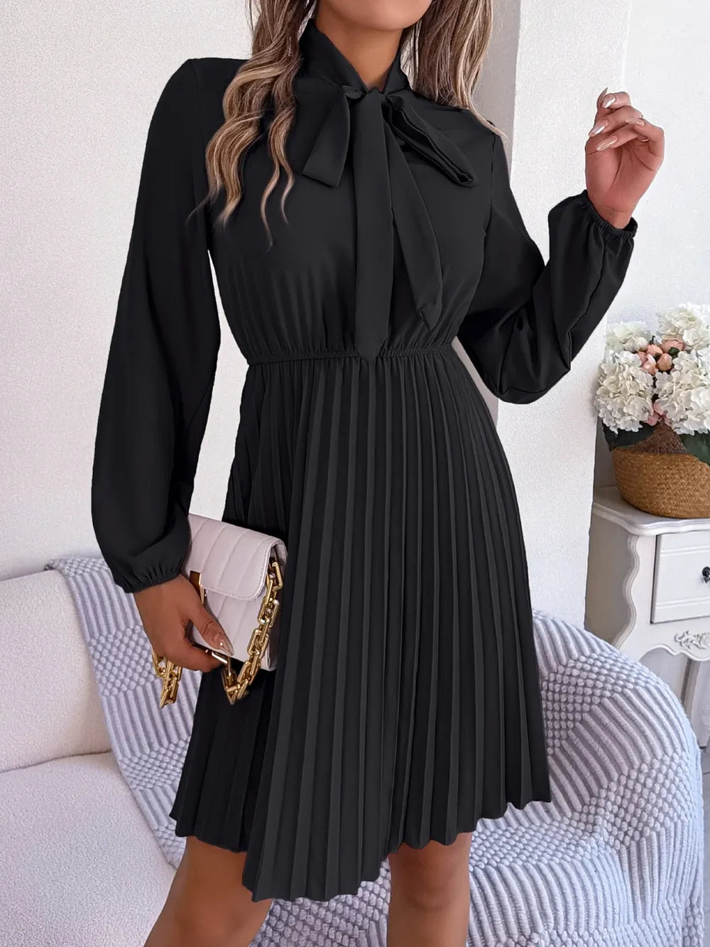 Spring and summer temperament tied waist long sleeved pleated skirt - V.I.P Digital Presence
