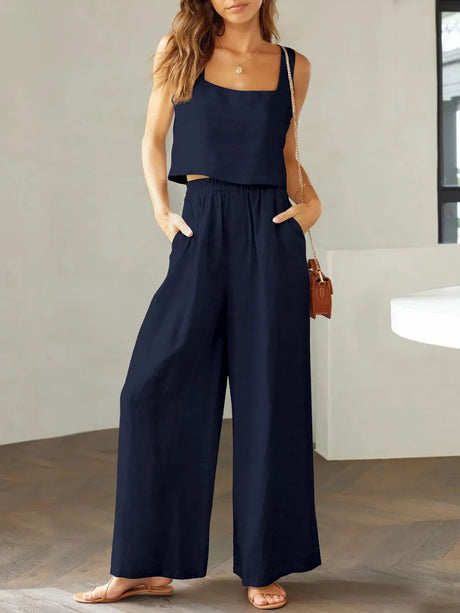 Square Neck Top and Wide Leg Pants Set - V.I.P Digital Presence