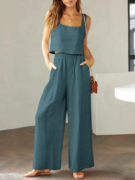 Square Neck Top and Wide Leg Pants Set - V.I.P Digital Presence