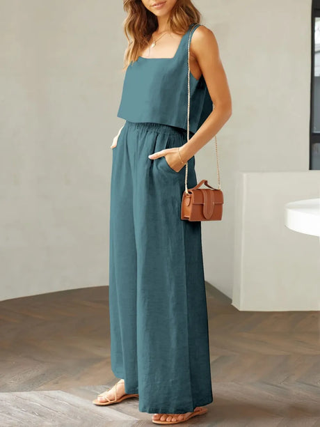 Square Neck Top and Wide Leg Pants Set - V.I.P Digital Presence