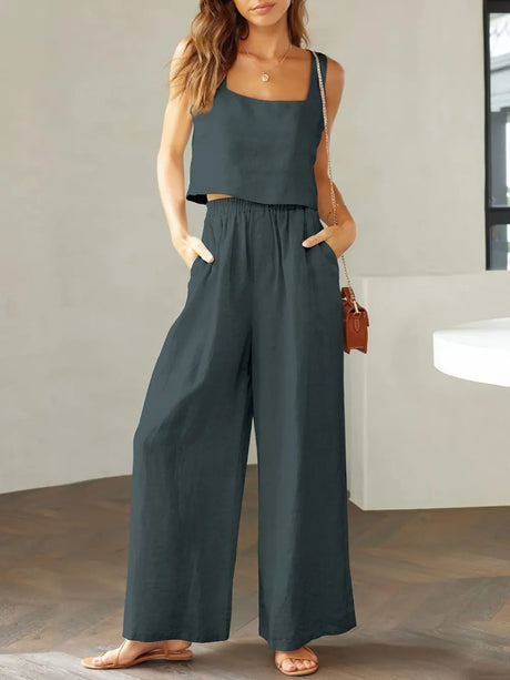 Square Neck Top and Wide Leg Pants Set - V.I.P Digital Presence