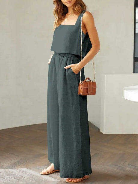 Square Neck Top and Wide Leg Pants Set - V.I.P Digital Presence
