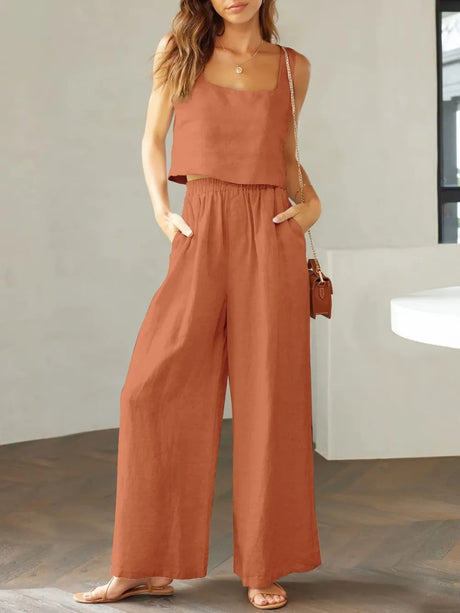 Square Neck Top and Wide Leg Pants Set - V.I.P Digital Presence