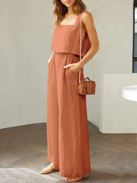 Square Neck Top and Wide Leg Pants Set - V.I.P Digital Presence