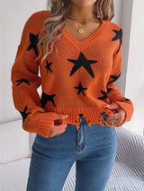 Star Pattern Distressed V-Neck Cropped Sweater - V.I.P Digital Presence