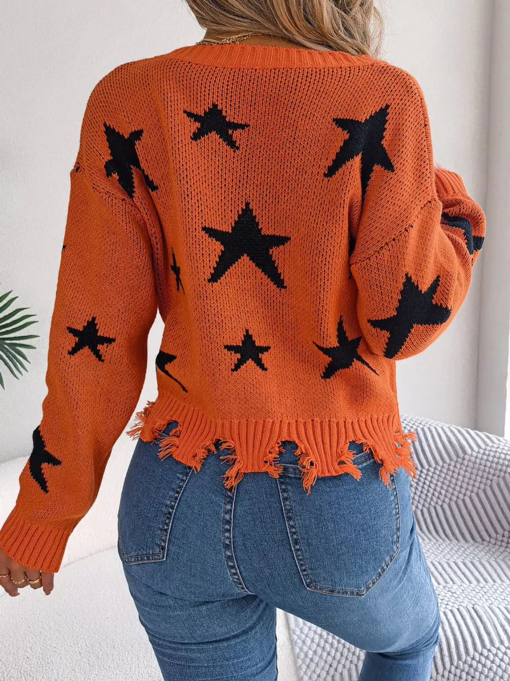 Star Pattern Distressed V-Neck Cropped Sweater - V.I.P Digital Presence