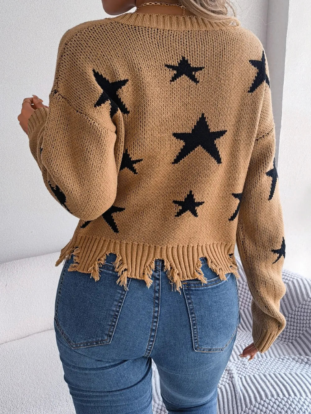 Star Pattern Distressed V-Neck Cropped Sweater - V.I.P Digital Presence