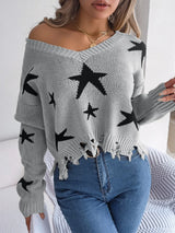 Star Pattern Distressed V-Neck Cropped Sweater - V.I.P Digital Presence