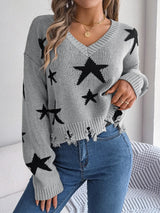 Star Pattern Distressed V-Neck Cropped Sweater - V.I.P Digital Presence