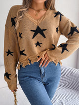 Star Pattern Distressed V-Neck Cropped Sweater - V.I.P Digital Presence